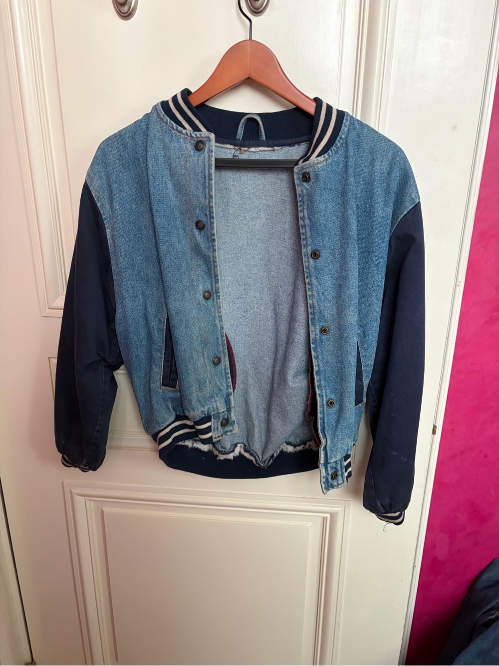 Women’s Denim Bomber Jacket with Navy Sleeves